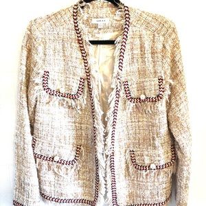 GILLI PINK & TAN TWEED JACKET BLAZER PEARLS FRINGE SPARKLES NWOT L